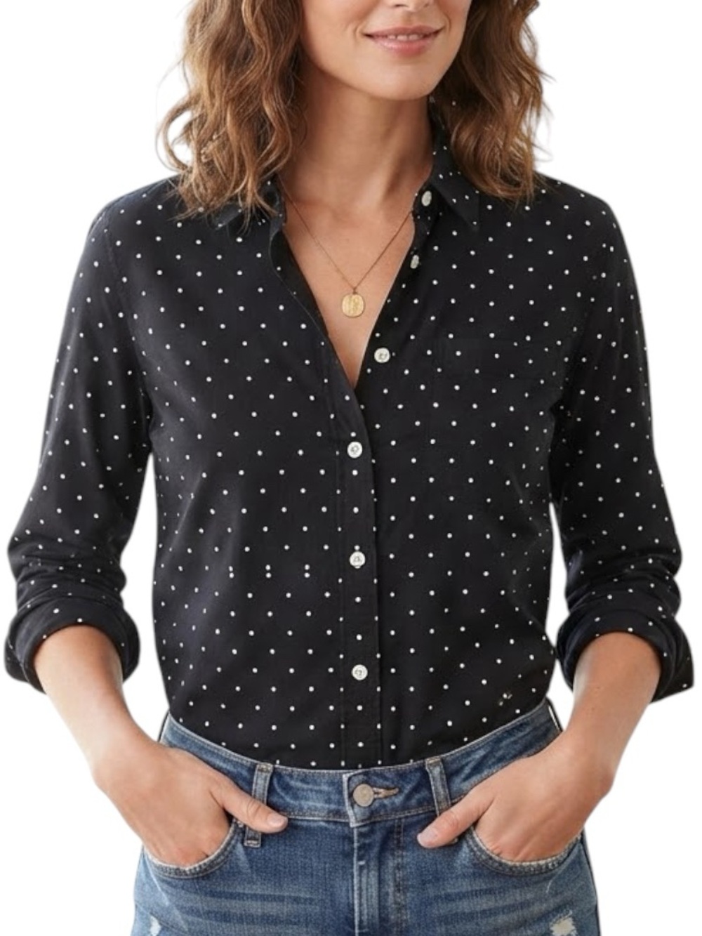 OLD NAVY Black White Polka Dot Classic Button Down Shirt S Retro Preppy